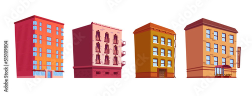 Building cartoon vector isolated illustrations. City landscape elements set  Multi-storey buildings with balconies and gutter  residential apartments  offices  shop or cafe  hotel with red canopy