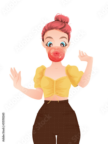 Pink haired woman doing bubble with chewing gum