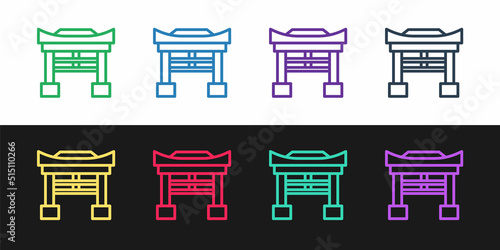 Set line Japan Gate icon isolated on black and white background. Torii gate sign. Japanese traditional classic gate symbol. Vector Illustration