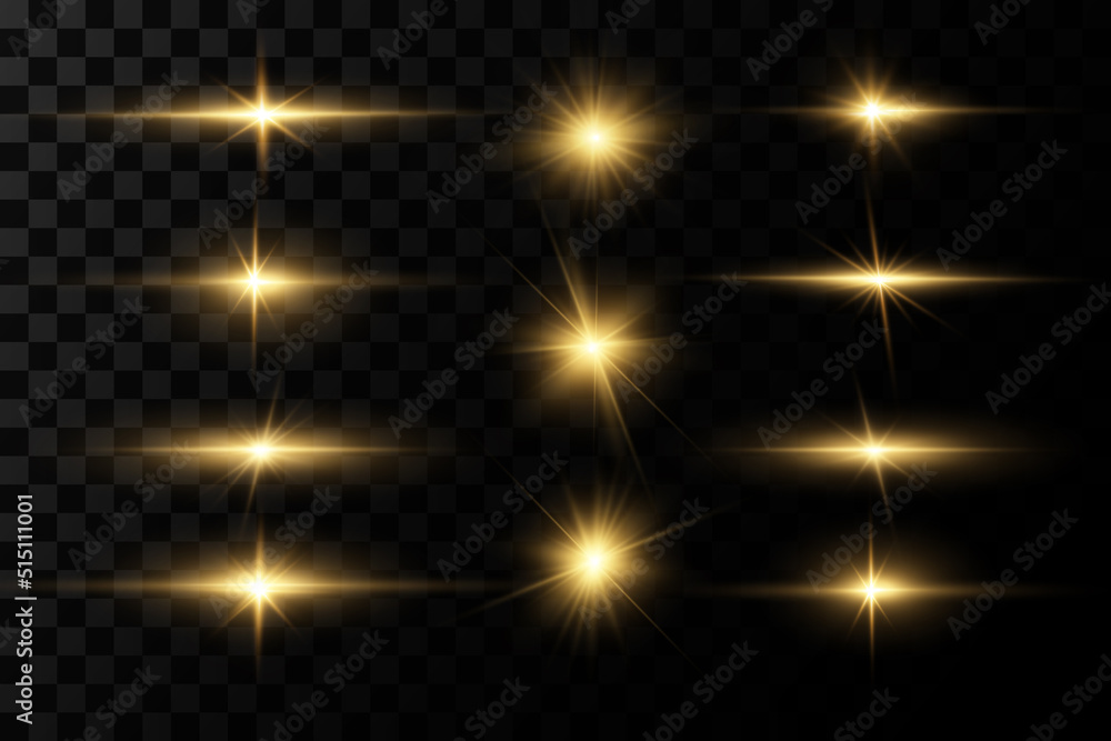 Shining golden stars isolated on transparent background.Effects,glare,lines,glitter,explosion,light Shining golden stars isolated on transparent background.Effects,glare,lines,glitter,explosion,light