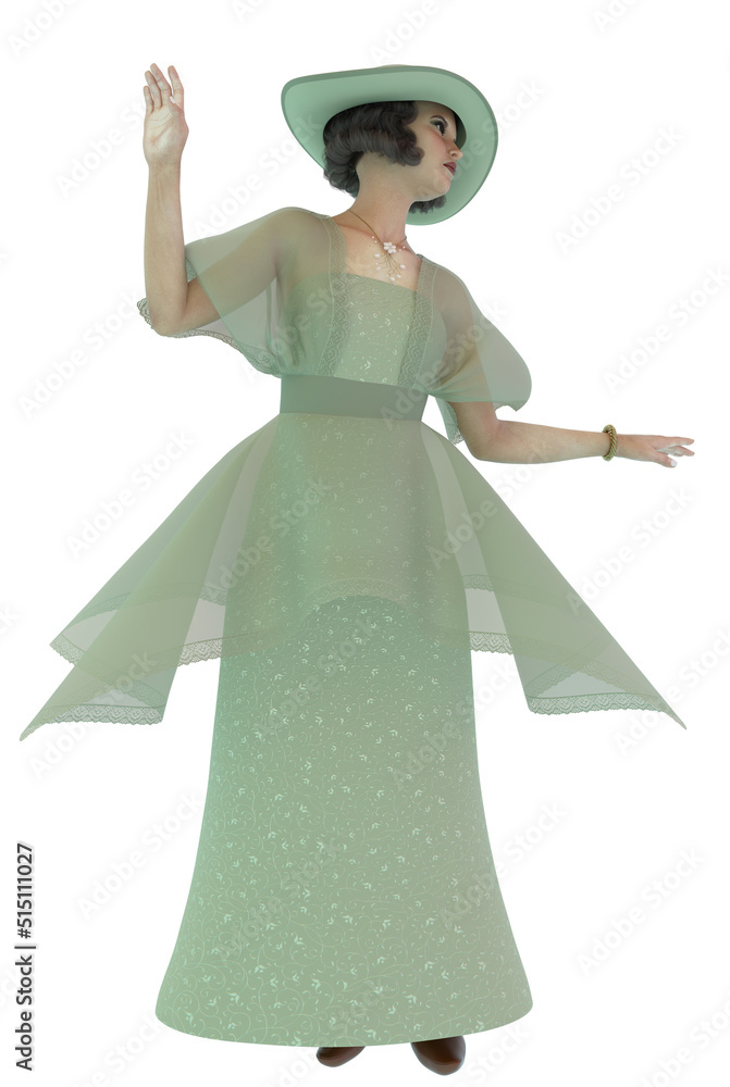3D Woman in retro green gown and hat