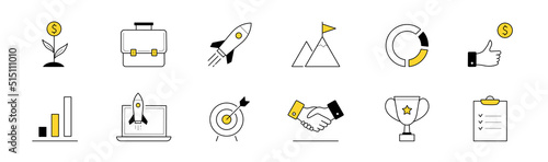 Doodle icons startup, project launch, business start up idea vector set. Rocket, money flower, briefcase and mountain peak with flag, achievement and handshake. Trophy, chart or graph