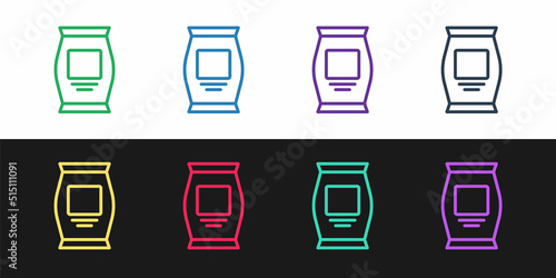 Set line Fertilizer bag icon isolated on black and white background. Vector