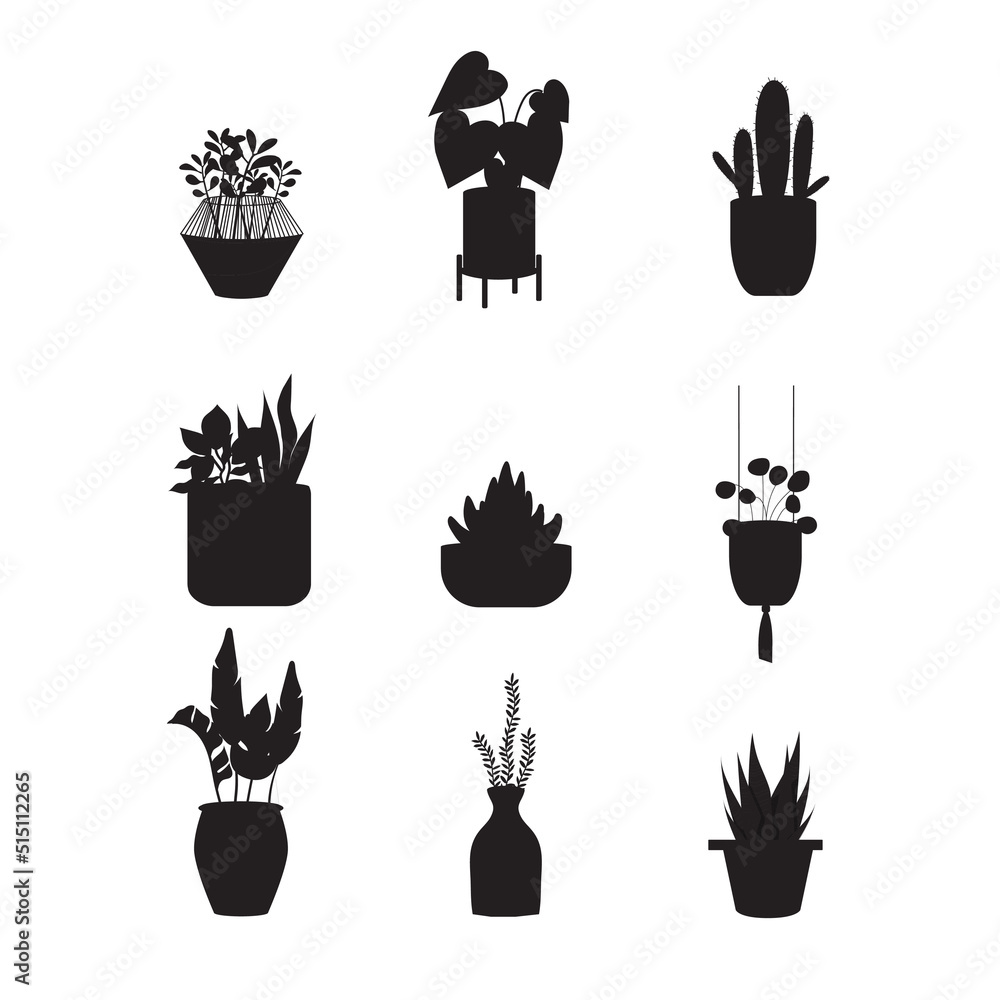 Fototapeta premium Silhouettes collection of decor house indoor garden plants.Black and white house plants in flower pot outline doodle .Vector illustrations.
