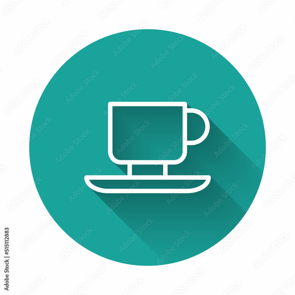 White line Coffee cup icon isolated with long shadow. Tea cup. Hot drink coffee. Green circle button. Vector White line Coffee cup icon isolated with long shadow. Tea cup. Hot drink coffee. Green circle button. Vector