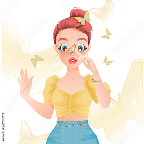 Beautiful colorful butterflies flying around a pink haired woman on a warm day