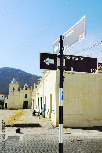Calle Caseros y Santa Fe en el centro histórico de la ciudad de Salta, Argentina, con el convento y el Cerro San Bernardo detrás photo