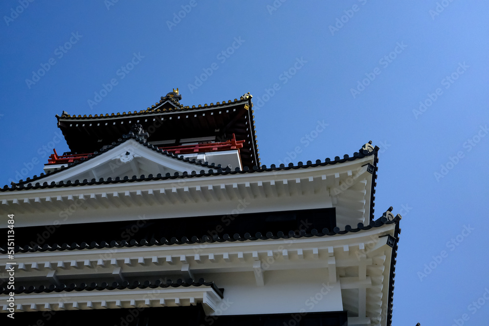 Scenery of Kiyosu Castle with blue sky background. Japanese castle located in Kiyosu, eastern Aichi Prefecture. Scenery of Kiyosu Castle with blue sky background. Japanese castle located in Kiyosu, eastern Aichi Prefecture.