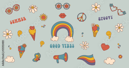 Set of Groovy retro elements with rainbow, megaphone, ice cream, glasses, sun, kiss, cloud, daisy flower, hippie peace symbol, slogan grovy, good vibes. Isolated vector set icon in 1970s style.