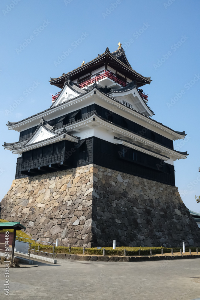 Aichi, Japan- March 12 2022: Scenery of Kiyosu Castle with blue sky background. Japanese castle located in Kiyosu, eastern Aichi Prefecture Aichi, Japan- March 12 2022: Scenery of Kiyosu Castle with blue sky background. Japanese castle located in Kiyosu, eastern Aichi Prefecture