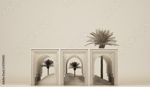 3d illustration of Islamic architecture, buildings with lots of dates and deserts. 3d rendering of modern islamic theme banners, Eid adha, Eid Mubarak, copy space text area