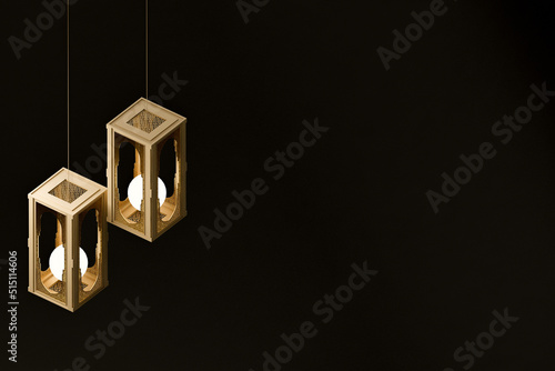 3d rendering of modern islamic theme banners. Geometric gold lanterns with light bulbs inside. Eid adha, Eid Mubarak, copy space text area