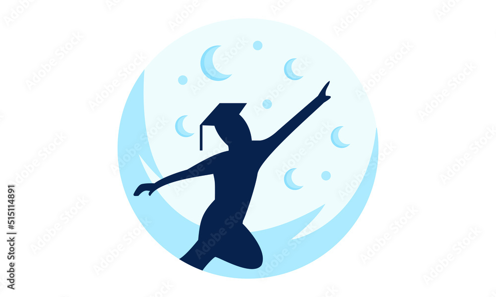 Man dancing with graduation cap and moon on background logo designs Man dancing with graduation cap and moon on background logo designs