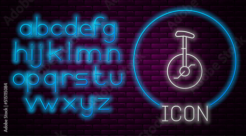 Glowing neon line Unicycle or one wheel bicycle icon isolated on brick wall background. Monowheel bicycle. Neon light alphabet. Vector