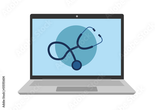 illustration vectorielle représentant un stéthoscope sur un écran d'ordinateur portable. Concept illustrant la télé médecine, la médecine à distance. Isolé sur fond blanc