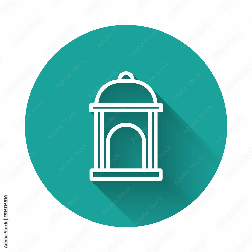 White line Muslim Mosque icon isolated with long shadow background. Green circle button. Vector White line Muslim Mosque icon isolated with long shadow background. Green circle button. Vector