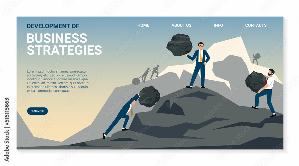 Business landing. managers and bosses pushing big stones to the goal concept of heavy work and people ambition. Vector web page template with place for text Business landing. managers and bosses pushing big stones to the goal concept of heavy work and people ambition. Vector web page template with place for text