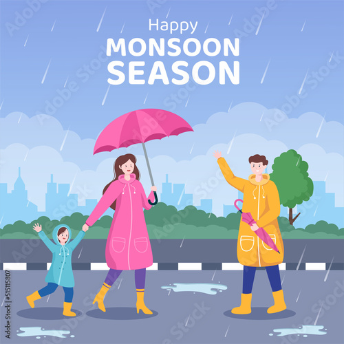 Monsoon Season Social Media Template Flat Cartoon Background Vector Illustration