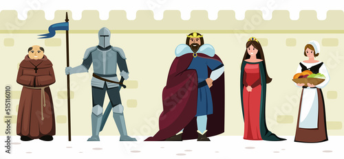 medieval characters. fantasy fairytale persons queen king knight male and female persons. Vector medieval people
