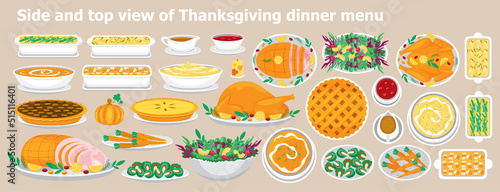 Illustration vector flat cartoon of food on happy Thanksgiving menu on dinner table as feast concept. Set of food on harvest festival on autumn. Roasted turkey and side dishes