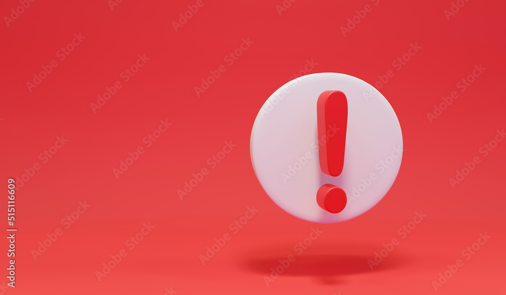 Warning sign on a red background. red exclamation mark with copy space. 3D rendering illustration Warning sign on a red background. red exclamation mark with copy space. 3D rendering illustration
