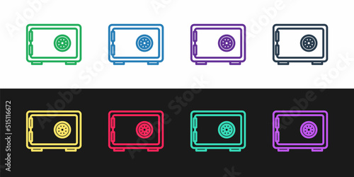 Set line Safe icon isolated on black and white background. The door safe a bank vault with a combination lock. Reliable Data Protection. Vector