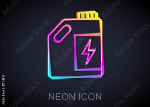 Glowing neon line Eco fuel canister icon isolated on black background. Eco bio and barrel. Green environment and recycle. Vector