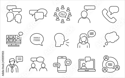 set of 15 line icons related to discussion, talk, social media, chat, communication. Flat icon collection pack. Simple vector icons