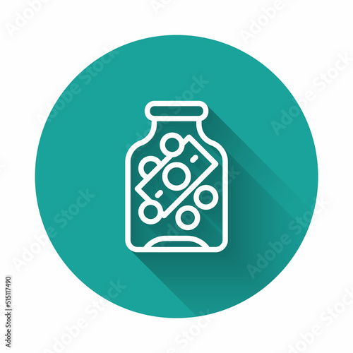 White line Glass money jar with coin icon isolated with long shadow background. Icon saving or accumulation of money, investment. Green circle button. Vector