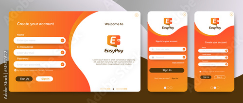Set of Sign Up and Sign In forms. Orange gradient. Mobile Registration and login forms page. Professional web design, full set of elements. User-friendly design materials.