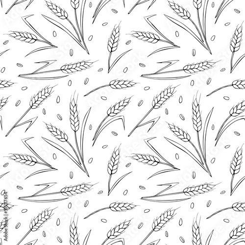 Wheat spikelets and grains, vector seamless pattern. Outline drawn in sketch style isolated. Design of print, wrapping paper, packaging on theme of bakery products, flour, harvest, thanksgiving.