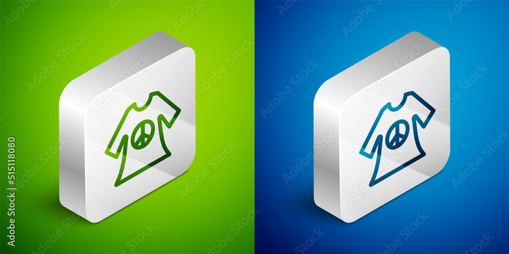 Isometric line Peace symbol dress print stamp icon isolated on green and blue background. Silver square button. Vector