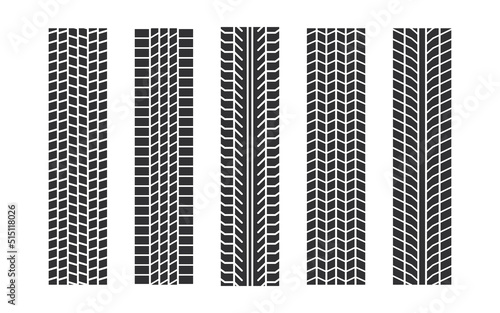 Auto tire tread seamless elements. Car tire patterns, wheel tyre tread track. Tyre print. Set of vector illustrations isolated on white background.