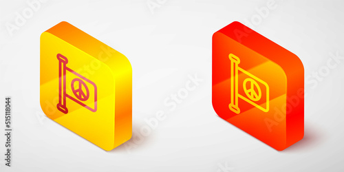 Isometric line Flag peace icon isolated on grey background. Hippie symbol of peace. Yellow and orange square button. Vector