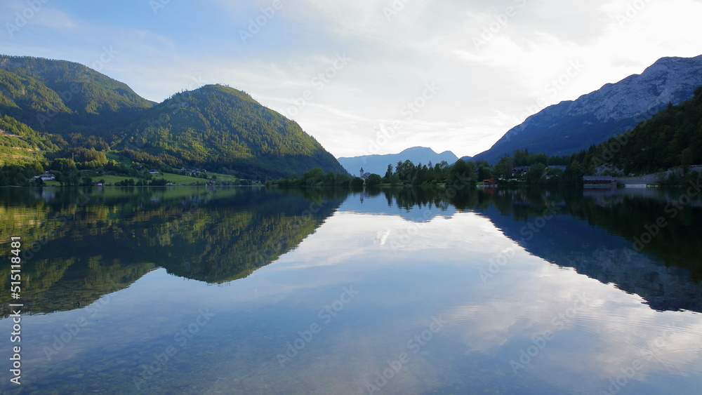 Reflections on Grundlsee lake (Eastern part) with Zinken mountain in the background, Salzkammergut, Styria, Austria, Europe