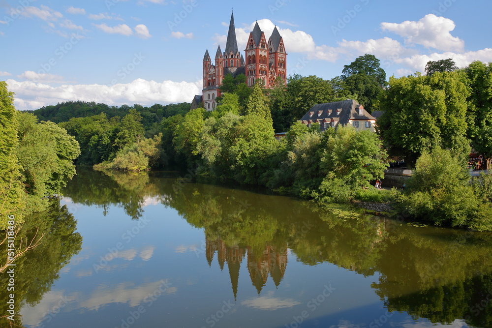 The Cathedral of Limburg an der Lahn, Hesse, Germany, Europe, reflected on the river Lahn