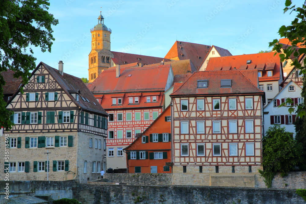 Timbered framed and medieval traditional houses in the medieval town Schwabisch Hall, Baden Wurttemberg, Germany