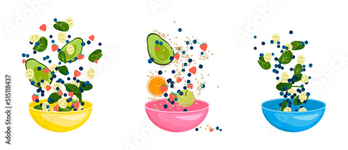 fruits salad bowl. healthy breakfast. Variety of healthy fruits flying in the air to a ceramic pink, yellow, blue bowl. Trendy vector illustration for web and print poster design. Isolated bowl.