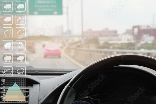 Fototapeta Naklejka Na Ścianę i Meble -  Environment and meteorology data forecast symbol for travel industry presentation and report background with image from car interior show blurry bright traffic on expressway.