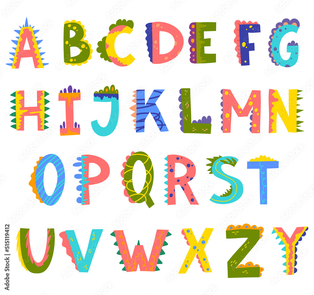 Cartoon Color Comic Dino Alphabet Set Flat Design Style. Vector illustration of Cute Dinosaur Hand Drawn Letters