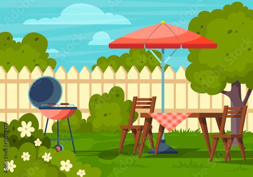 Cartoon Color Garden Picnic Backyard Scene Concept Flat Design Style. Vector illustration of Outdoor Bbq Party