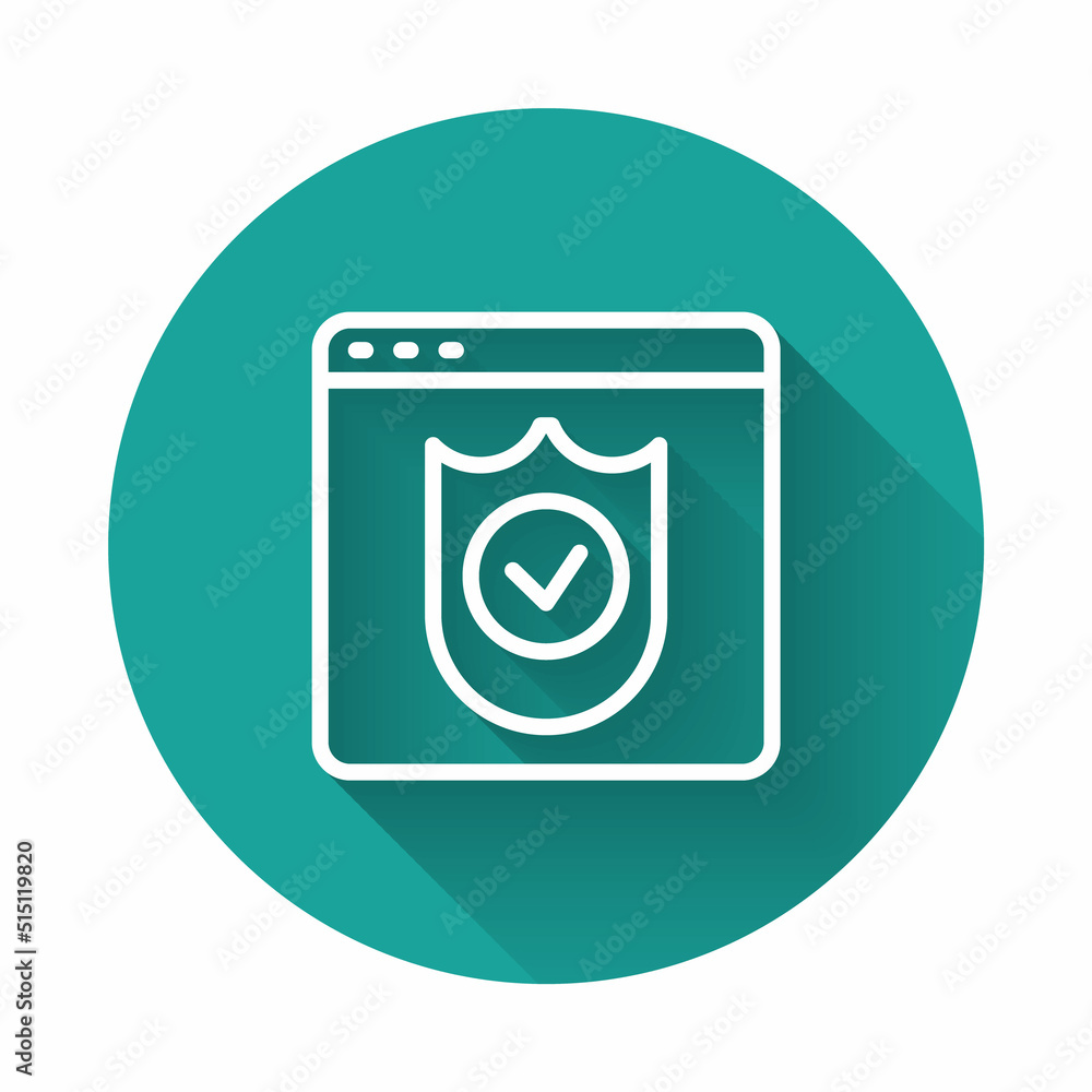 White line Browser with shield icon isolated with long shadow background. Security, safety, protection, privacy concept. Green circle button. Vector White line Browser with shield icon isolated with long shadow background. Security, safety, protection, privacy concept. Green circle button. Vector