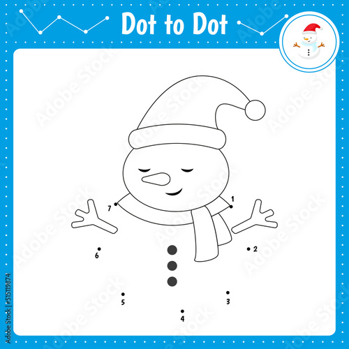 Connect the dots. Snowman. Dot to dot educational game. Coloring book for preschool kids activity worksheet. Vector Illustration.