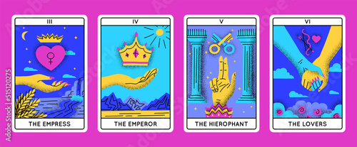 Cartoon Color Magical Tarot Cards Major Arcana Set Concept Flat Design Style Include of Hierophant, Emperor, Lovers and Empress. Vector illustration photo