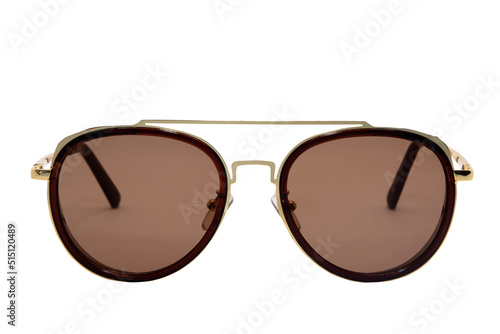 Trendy Sunglasses aviator style Gold frame with brown lens isolated on white background front view