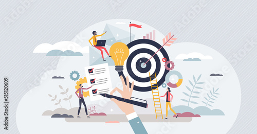 Objective achievement or business goal success management tiny person concept. Aim and focus for work target vector illustration. Efficiency and ambition to accomplish perfect result. Accuracy winner. photo