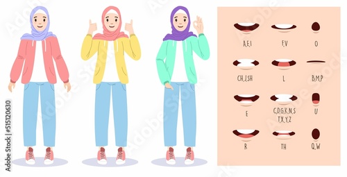 Illustration of young muslim women wearing hijab with  mouth animation chart. Alphabet pronunciation