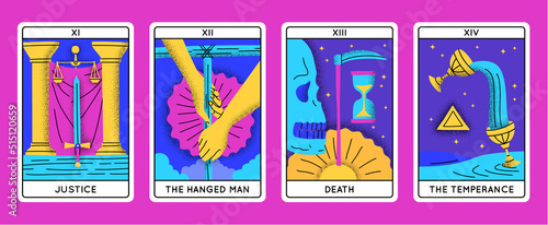 Cartoon Color Magical Tarot Cards Major Arcana Set Concept Flat Design Style Include of Justice, Hanged Man, Death and Temperance. Vector illustration photo
