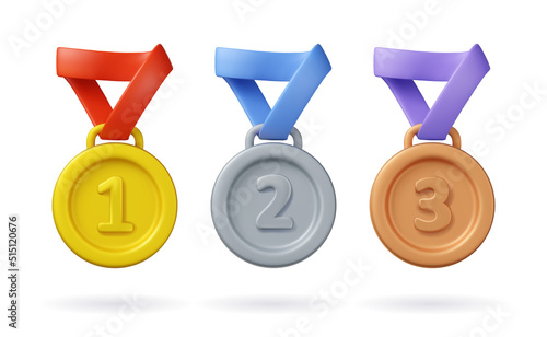 3d medal icon set. Gold, silver and bronze sport award for winner. Vector prize badge render illustration isolated on a white background