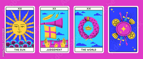 Cartoon Color Magical Tarot Cards Major Arcana Set Concept Flat Design Style Include of Sun, Judgement and World. Vector illustration